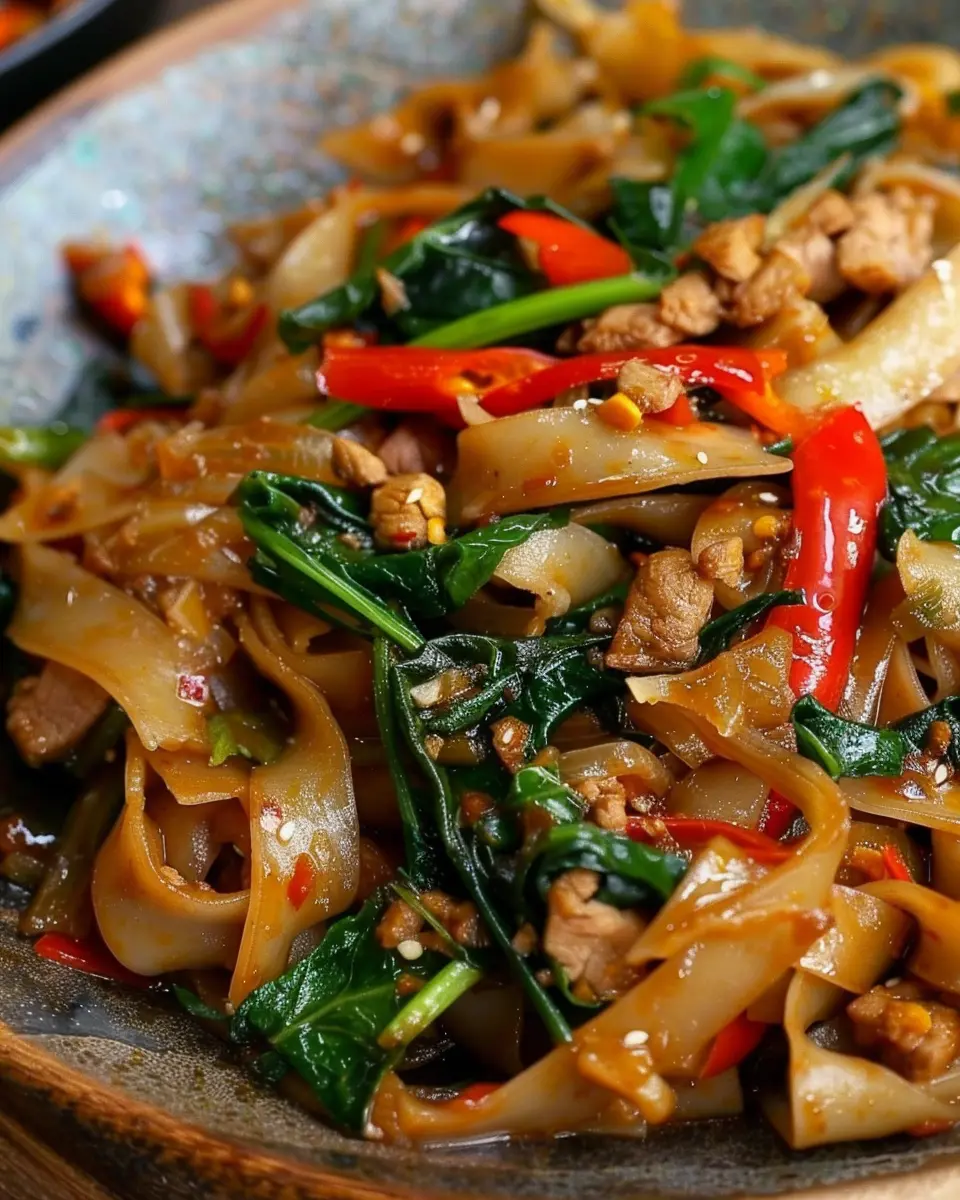 Drunken Noodles: Savory Stir-Fry with Turkey Bacon and Veggies