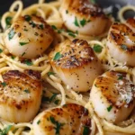 Seared Scallops over Garlic Pasta