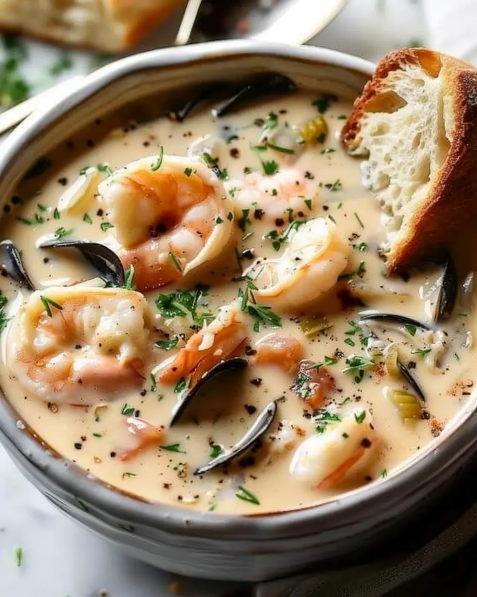 The Best Creamy Seafood Chowder with Turkey Bacon and Chicken Ham