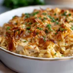 French Onion Chicken Orzo Casserole