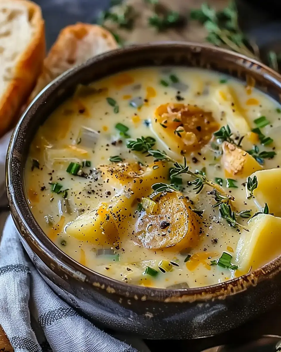 Hearty Cheddar Garlic Herb Potato Soup Recipe with Turkey Bacon