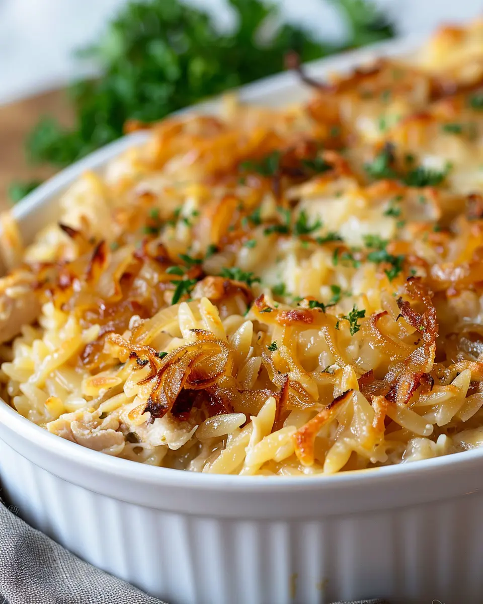 French Onion Chicken Orzo Casserole with Turkey Bacon Delight